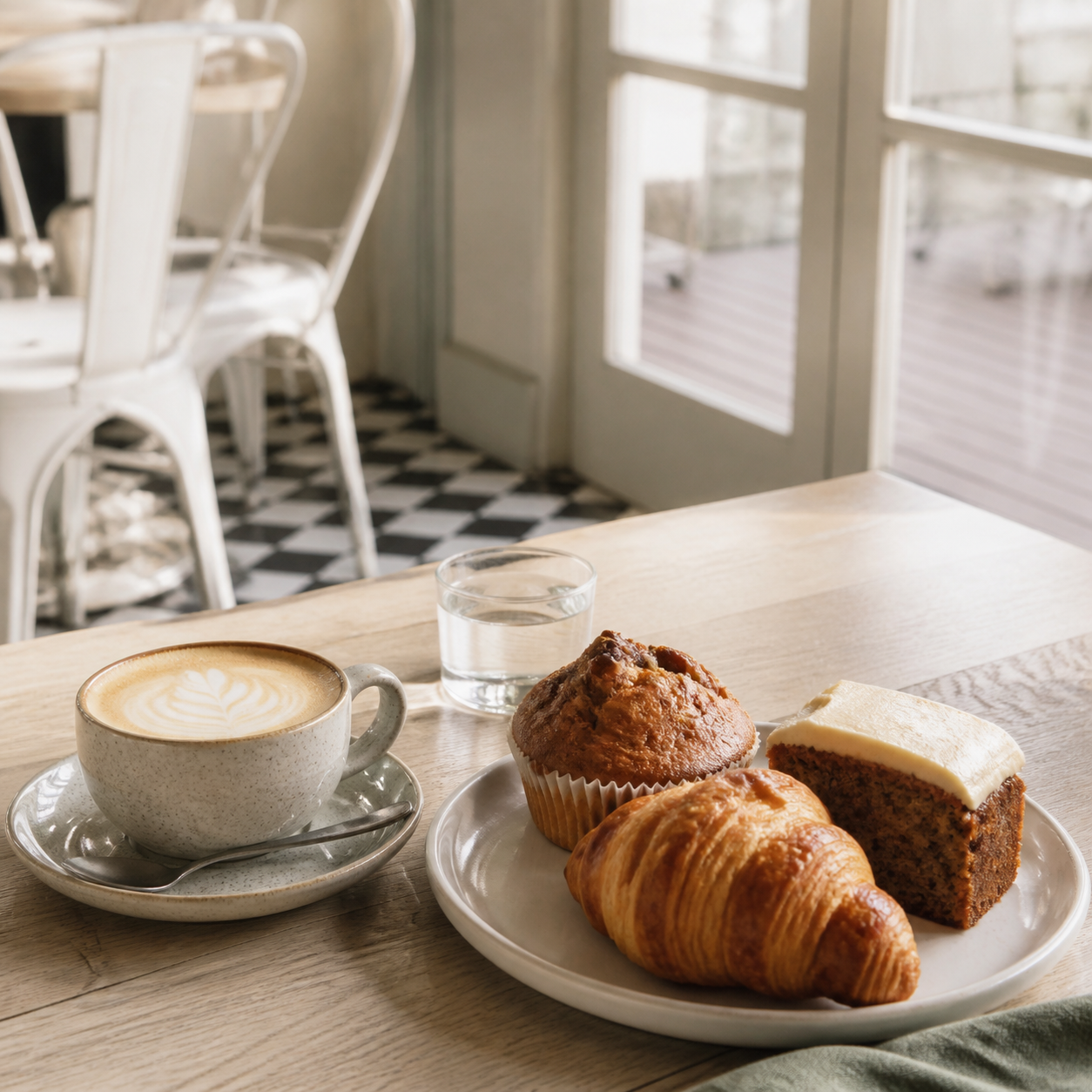 Cappuccino, muffin, croissant and cake on a pale timber café table