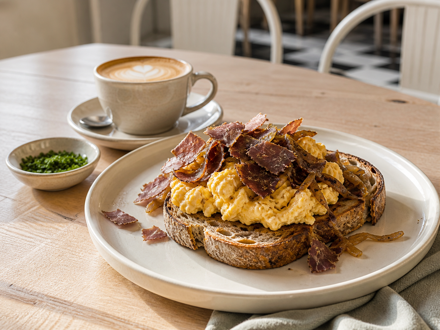 Scrambled eggs with caramelised onions, biltong shavings and sourdough beside a cappuccino