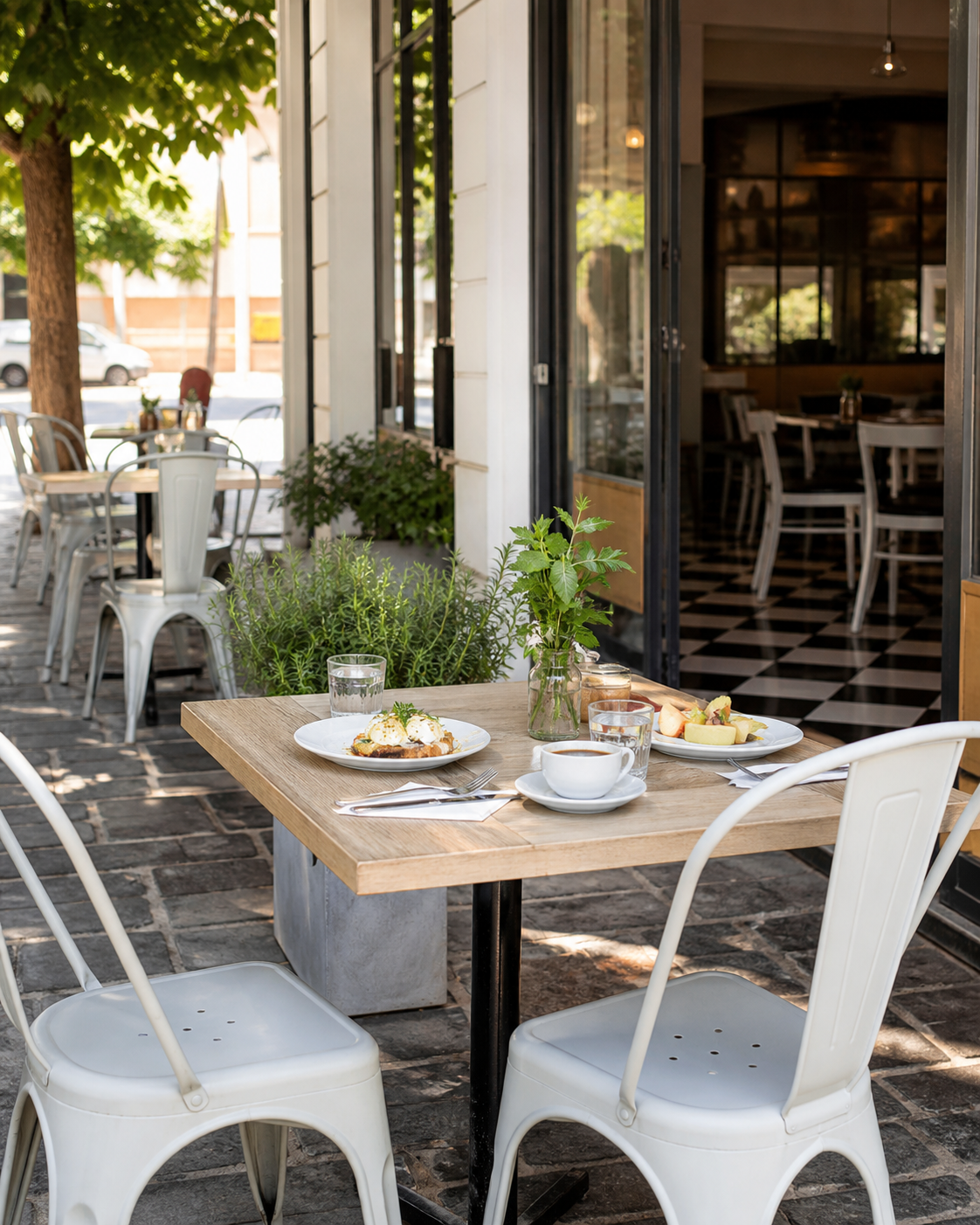 Outdoor table at Krisjan's Bistro framed by herbs and white café chairs